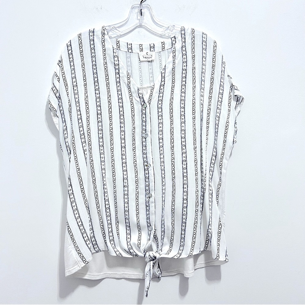 Ember Women’s Striped Poplin White & Black Button Down Tie Front Shirt